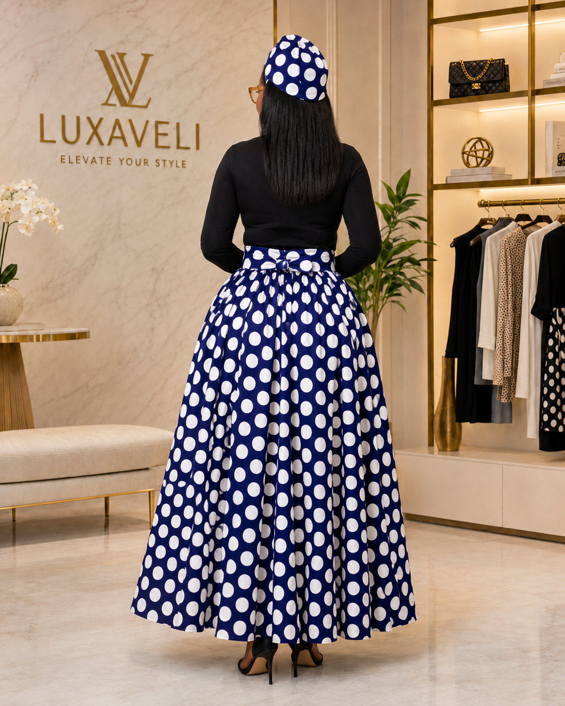 Polka Dot Maxi Skirt with Matching Headwrap - Image 4