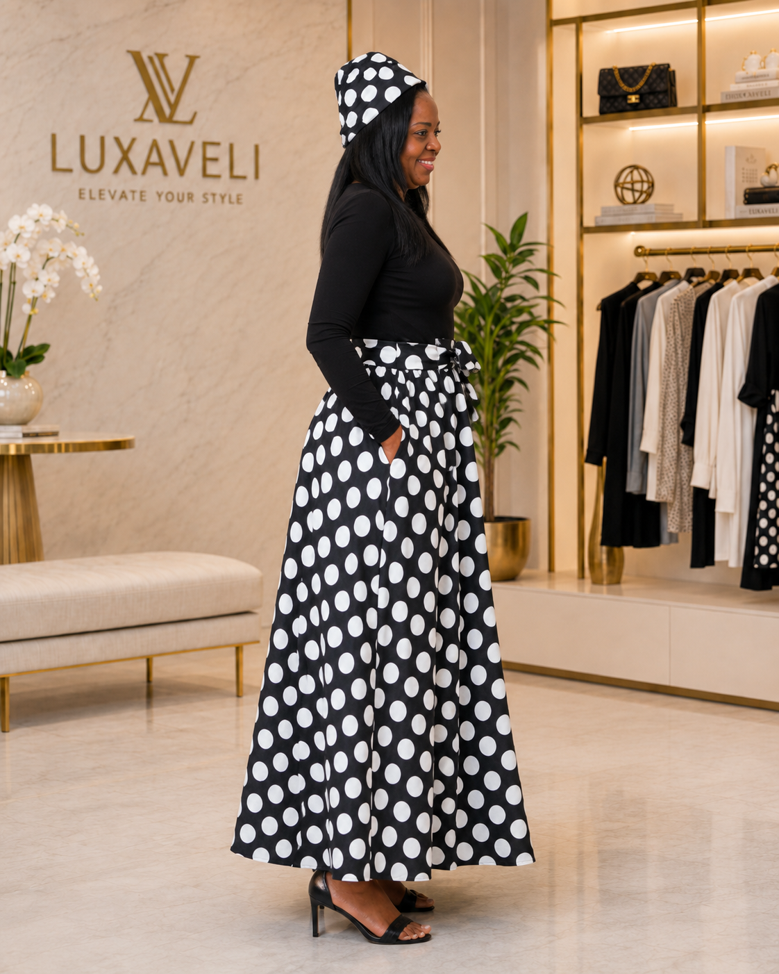 Polka Dot Maxi Skirt with Matching Headwrap - Image 3