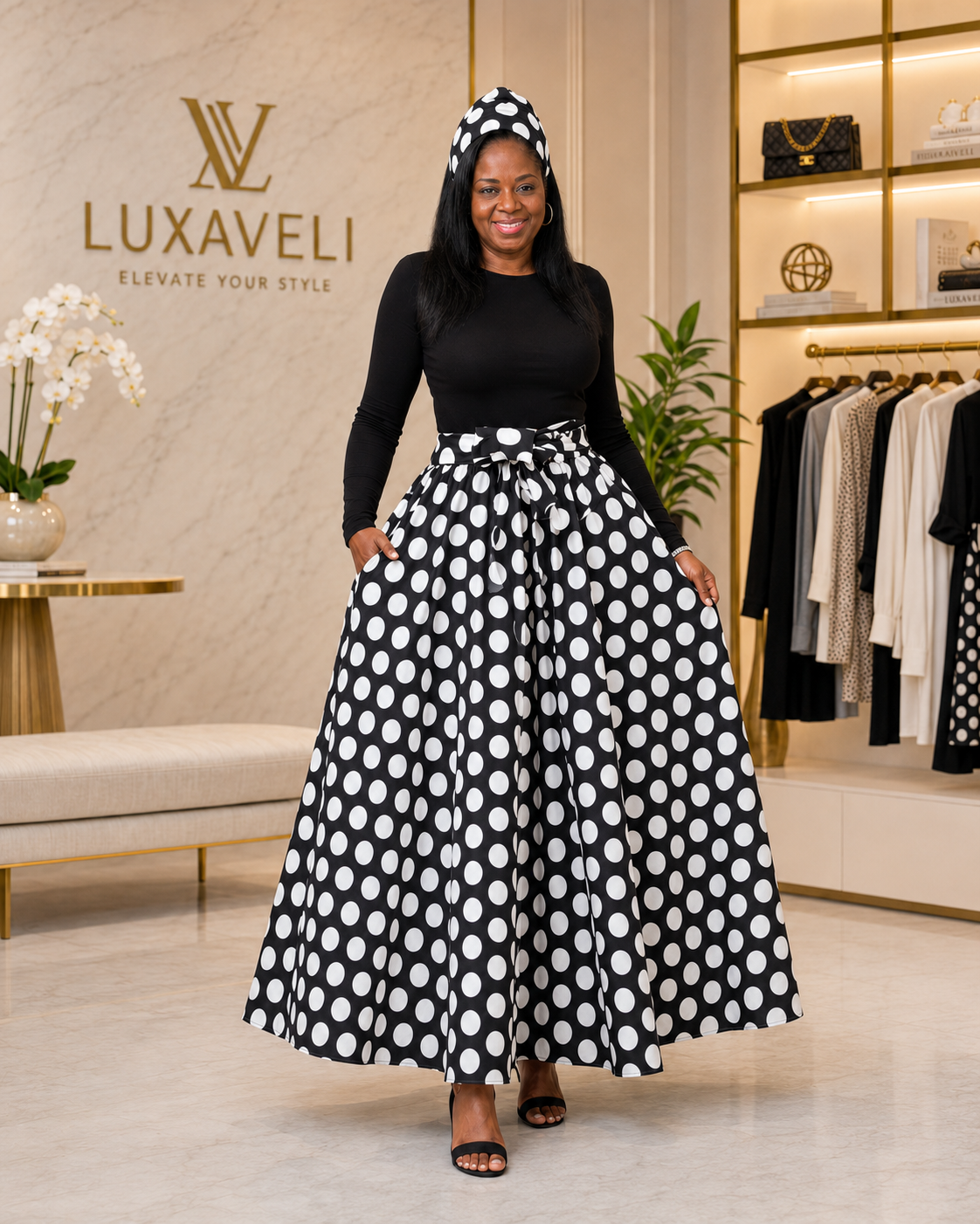 Polka Dot Maxi Skirt with Matching Headwrap - Image 6