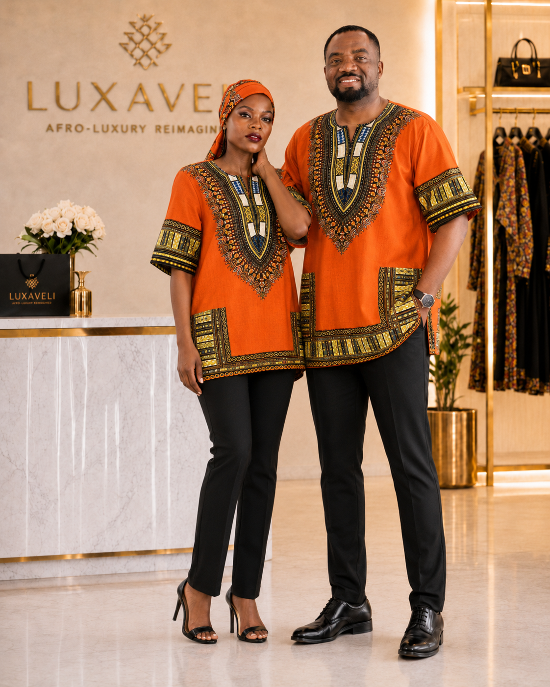 Orange Unisex African Dashiki Shirt: Vibrant Cotton Print, Cultural Style