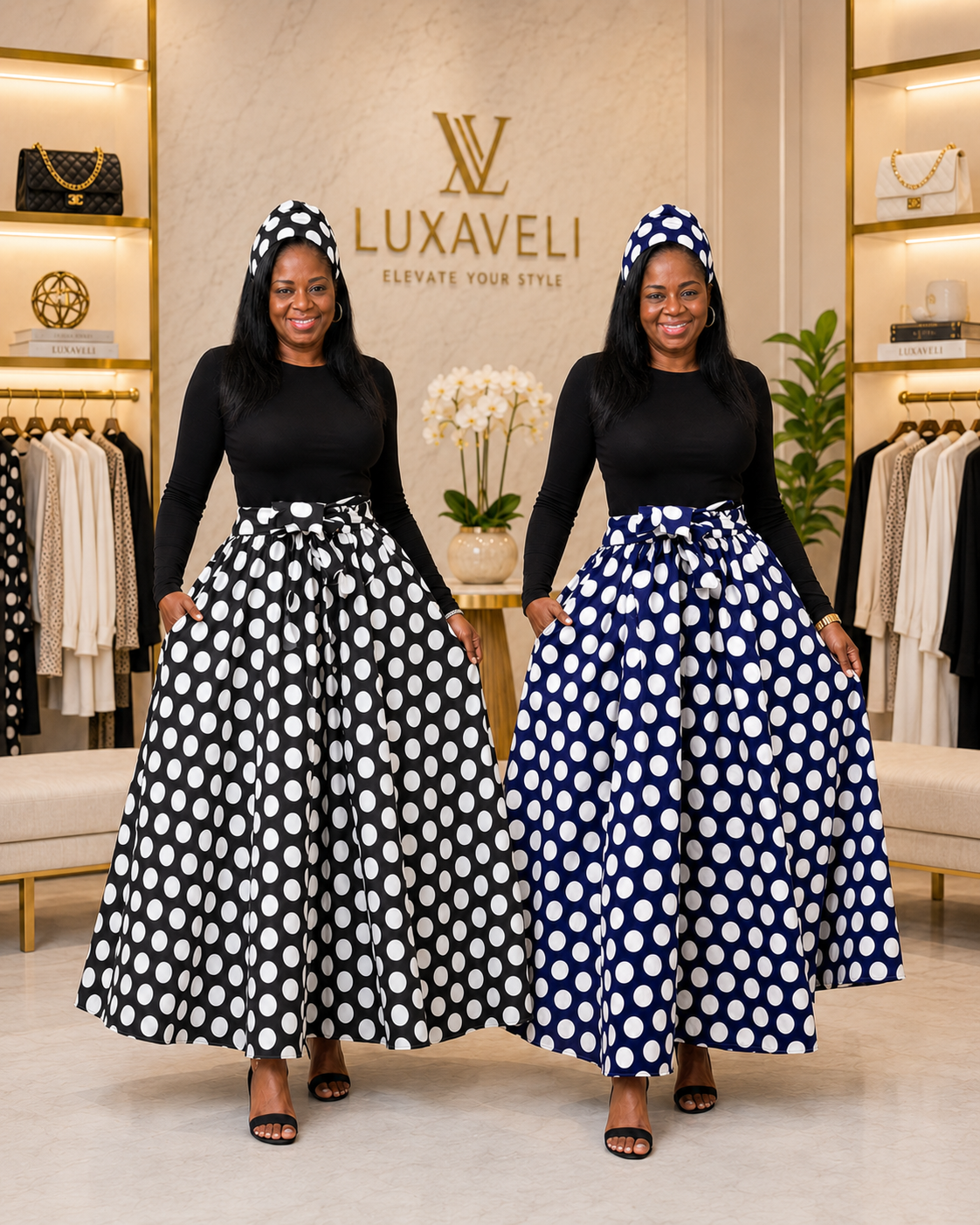 Polka Dot Maxi Skirt with Matching Headwrap