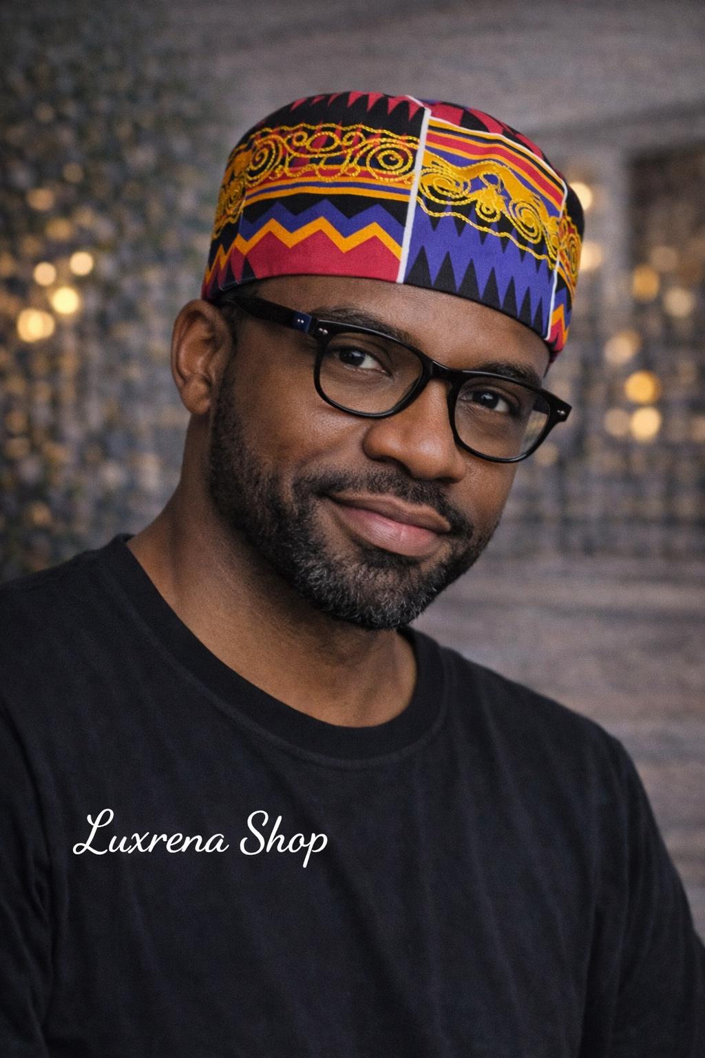 Unisex Kente type5 Print Embroidered Hat | African Kufi Cap