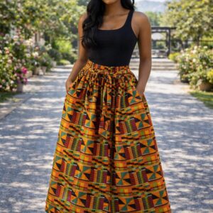 Kente Type 2 Print Maxi Skirt – 100% Cotton | One Size Fits Most