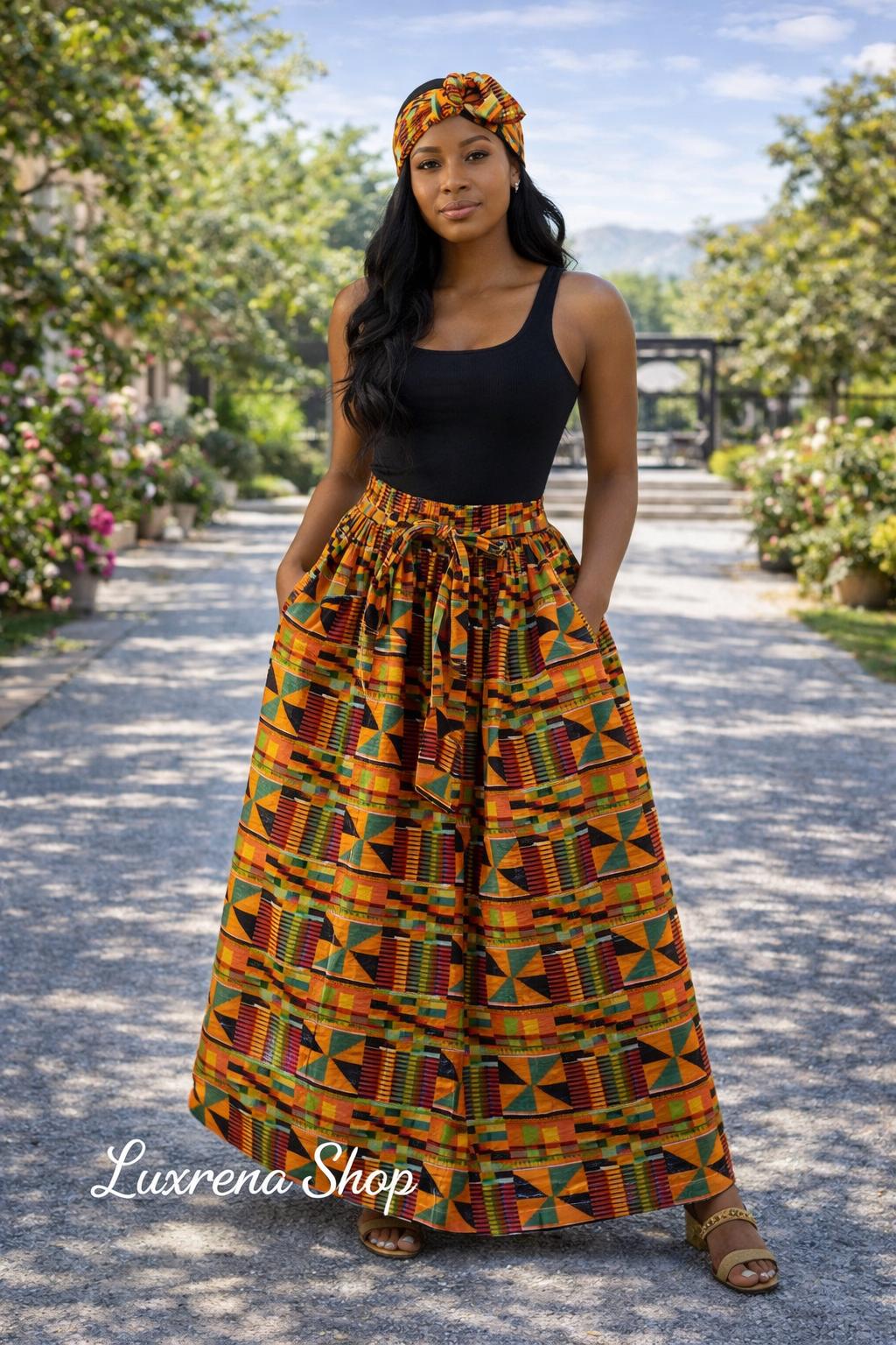 Kente Type 2 Print Maxi Skirt – 100% Cotton | One Size Fits Most