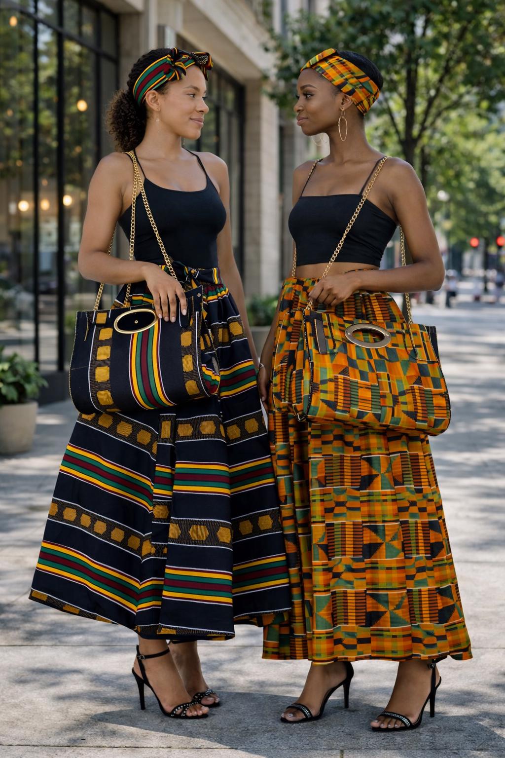 Kente Print Maxi Skirt Set, Matching Headwrap and Shoulder Bag, African Print 3-Piece Outfit.