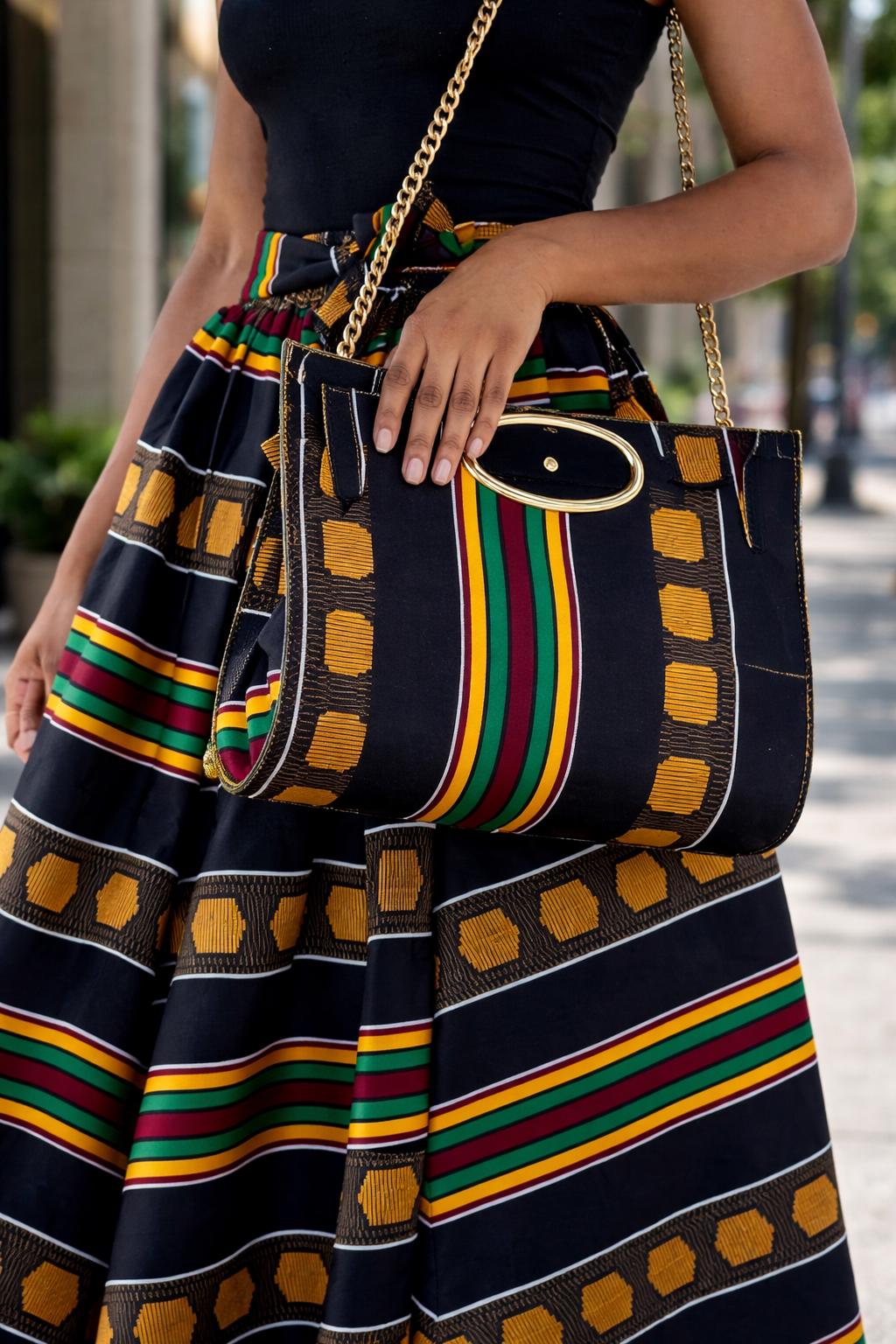 Kente Print Maxi Skirt Set, Matching Headwrap and Shoulder Bag, African Print 3-Piece Outfit. - Image 6