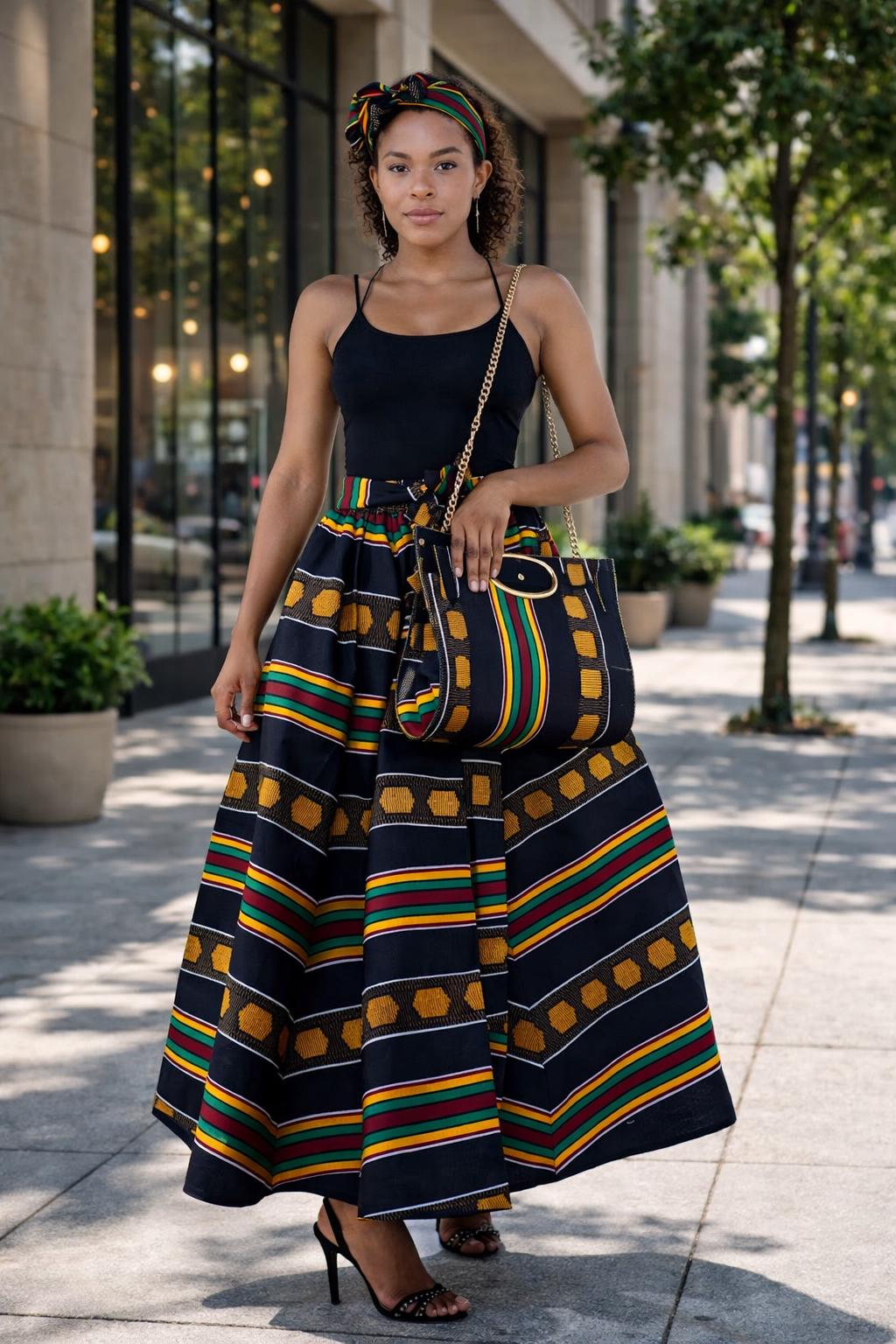 Kente Print Maxi Skirt Set, Matching Headwrap and Shoulder Bag, African Print 3-Piece Outfit. - Image 4