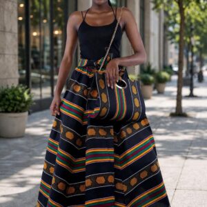 Kente Print Maxi Skirt Set, Matching Headwrap and Shoulder Bag, African Print 3-Piece Outfit.