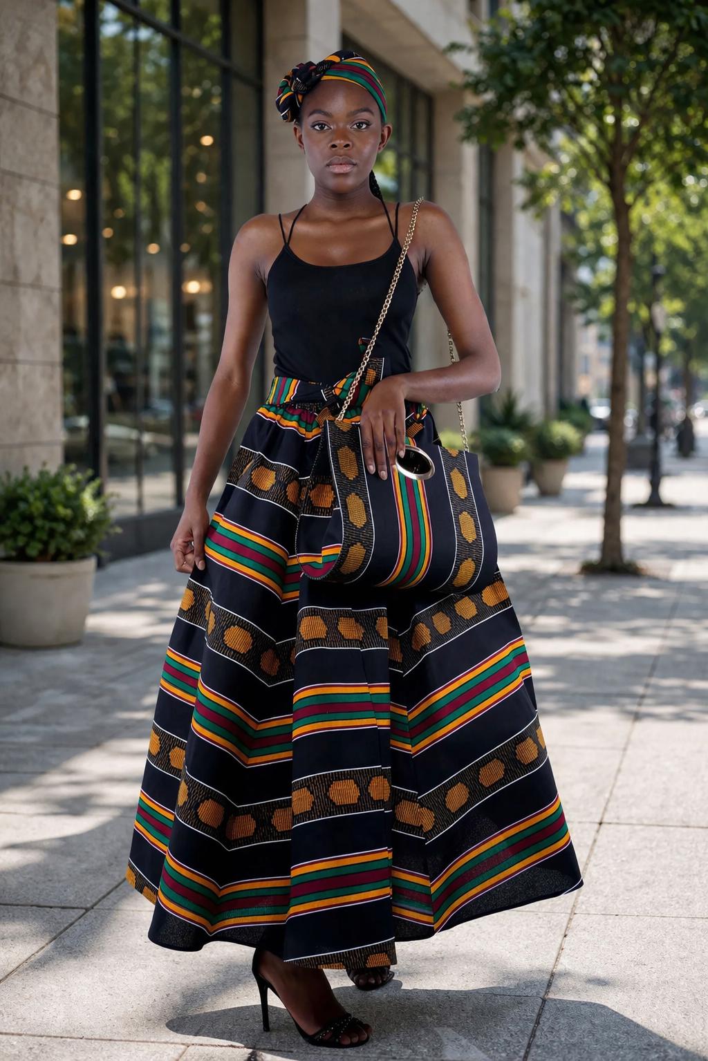 Kente Print Maxi Skirt Set, Matching Headwrap and Shoulder Bag, African Print 3-Piece Outfit. - Image 11