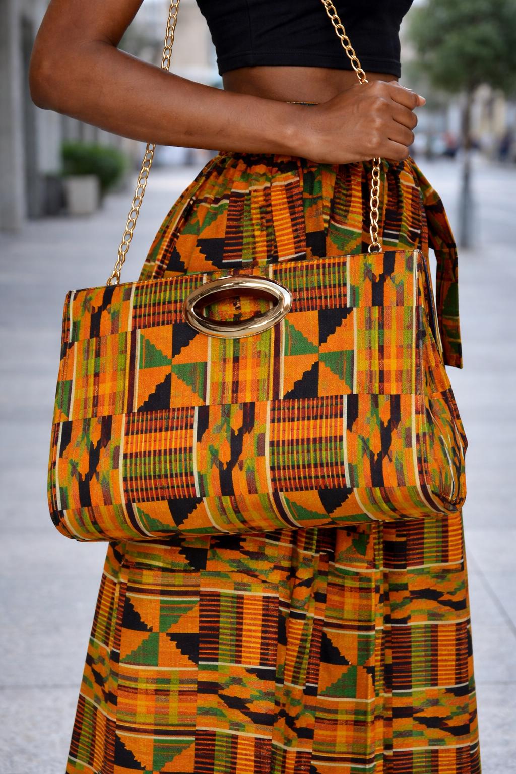 Kente Print Maxi Skirt Set, Matching Headwrap and Shoulder Bag, African Print 3-Piece Outfit. - Image 5