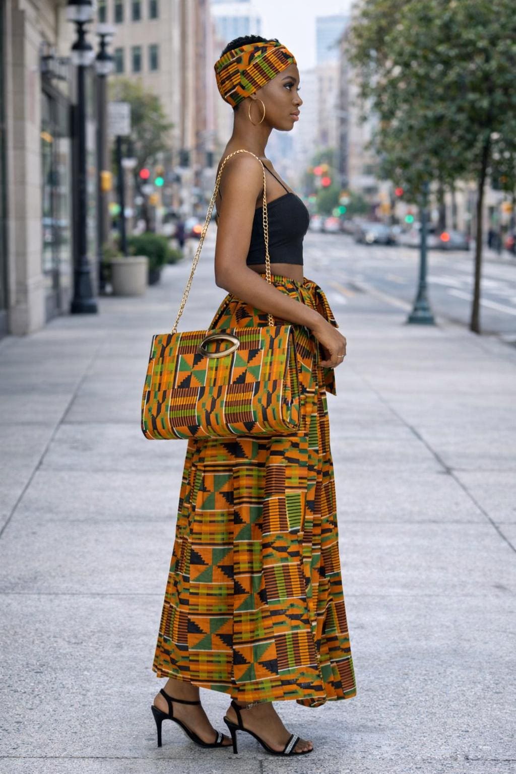 Kente Print Maxi Skirt Set, Matching Headwrap and Shoulder Bag, African Print 3-Piece Outfit. - Image 3