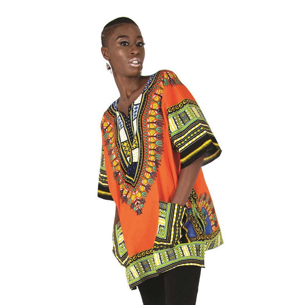 Orange Unisex African Dashiki Shirt: Vibrant Cotton Print, Cultural Style - Image 3
