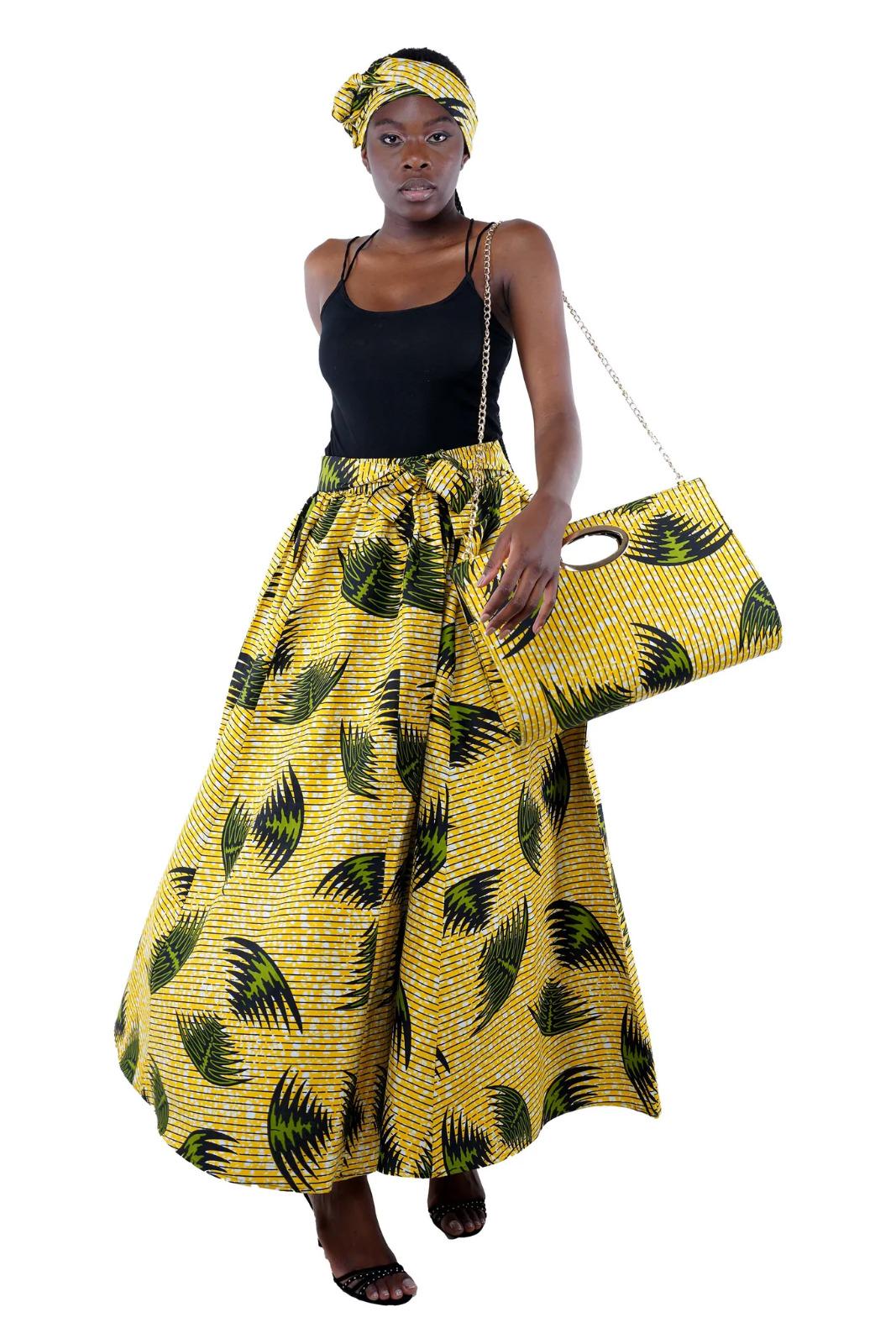 Ankara 3-Piece Maxi Skirt Set, Matching Headwrap, and Shoulder Bag.