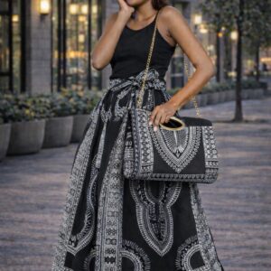 Dashiki/Ankara 3-Piece Maxi Skirt Set, Matching Headwrap, and Shoulder Bag.