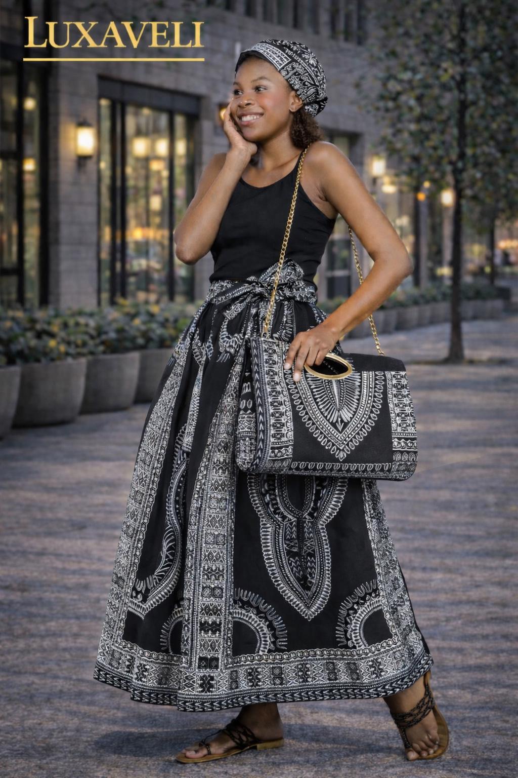 Dashiki/Ankara 3-Piece Maxi Skirt Set, Matching Headwrap, and Shoulder Bag.