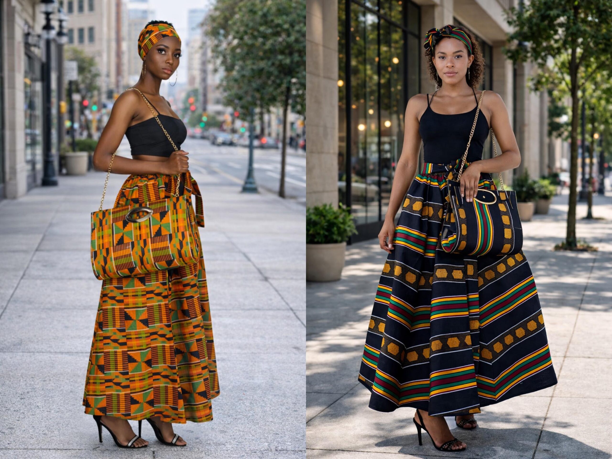 Kente Print Maxi Skirt Set, Matching Headwrap and Shoulder Bag, African Print 3-Piece Outfit. - Image 2