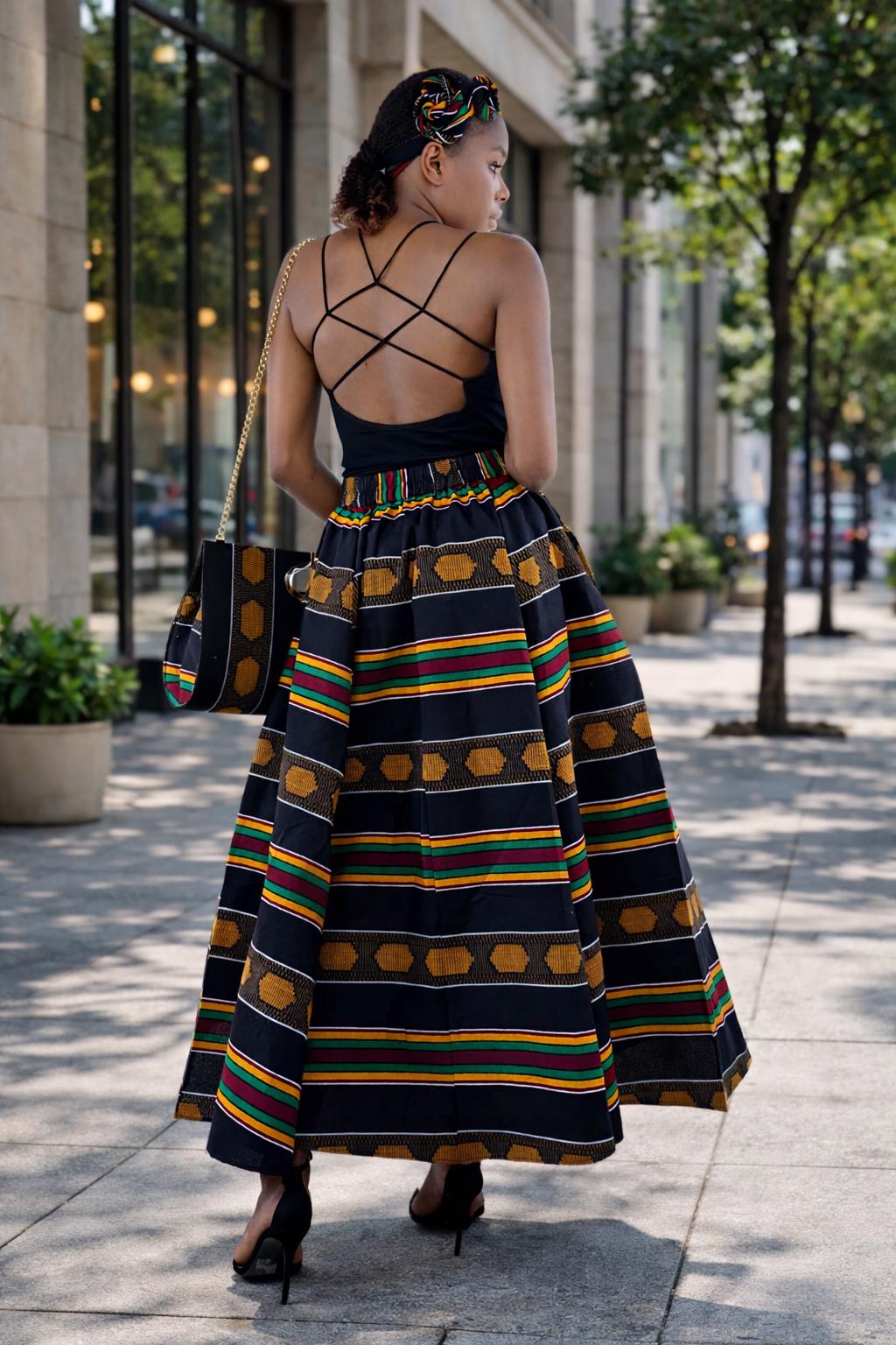 Kente Print Maxi Skirt Set, Matching Headwrap and Shoulder Bag, African Print 3-Piece Outfit. - Image 9