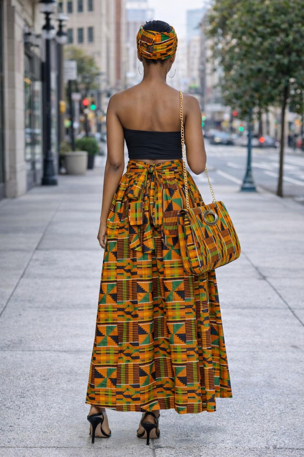 Kente Print Maxi Skirt Set, Matching Headwrap and Shoulder Bag, African Print 3-Piece Outfit. - Image 10