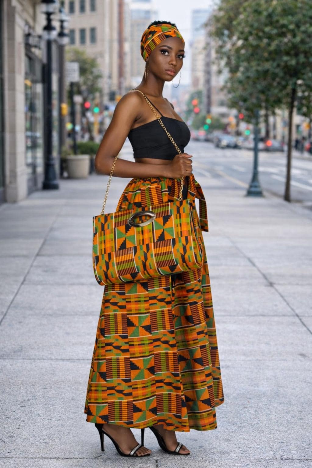 Kente Print Maxi Skirt Set, Matching Headwrap and Shoulder Bag, African Print 3-Piece Outfit. - Image 12