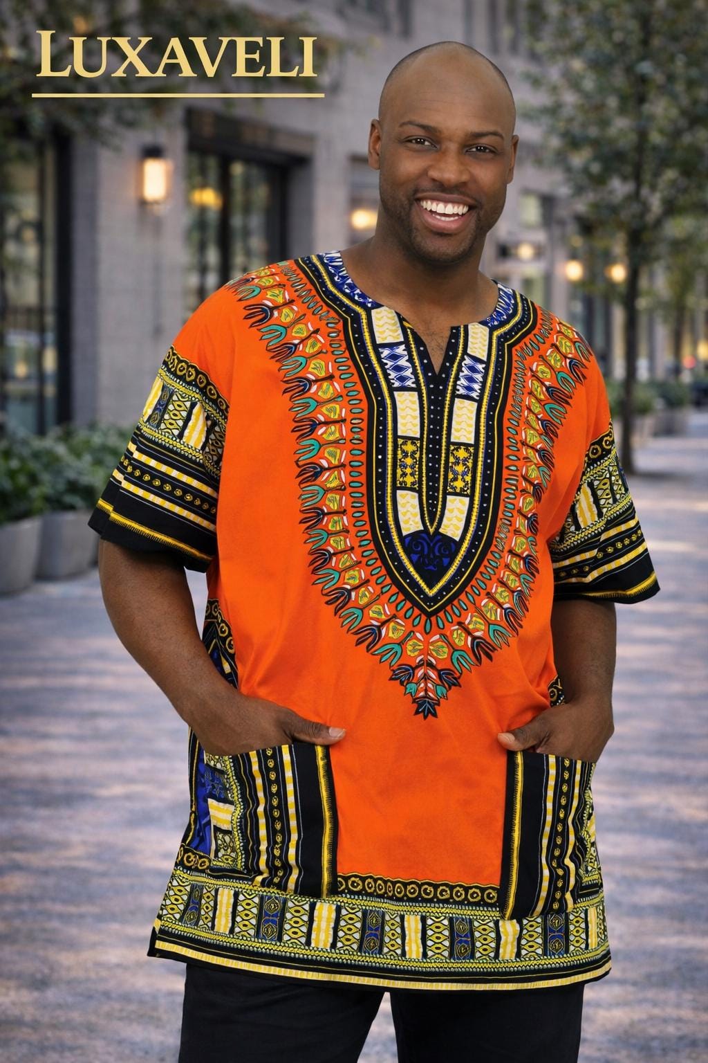 Orange Unisex African Dashiki Shirt: Vibrant Cotton Print, Cultural Style - Image 4