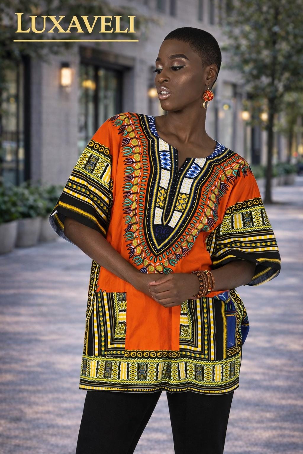 Orange Unisex African Dashiki Shirt: Vibrant Cotton Print, Cultural Style - Image 5