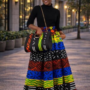 Ankara 3-Piece Maxi Skirt Set, Matching Headwrap, and Shoulder Bag.