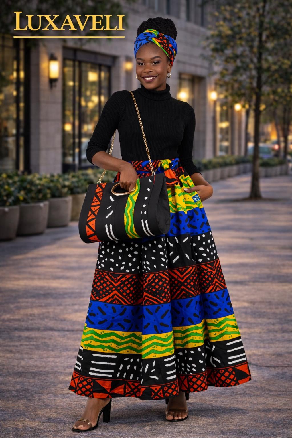 Ankara 3-Piece Maxi Skirt Set, Matching Headwrap, and Shoulder Bag.