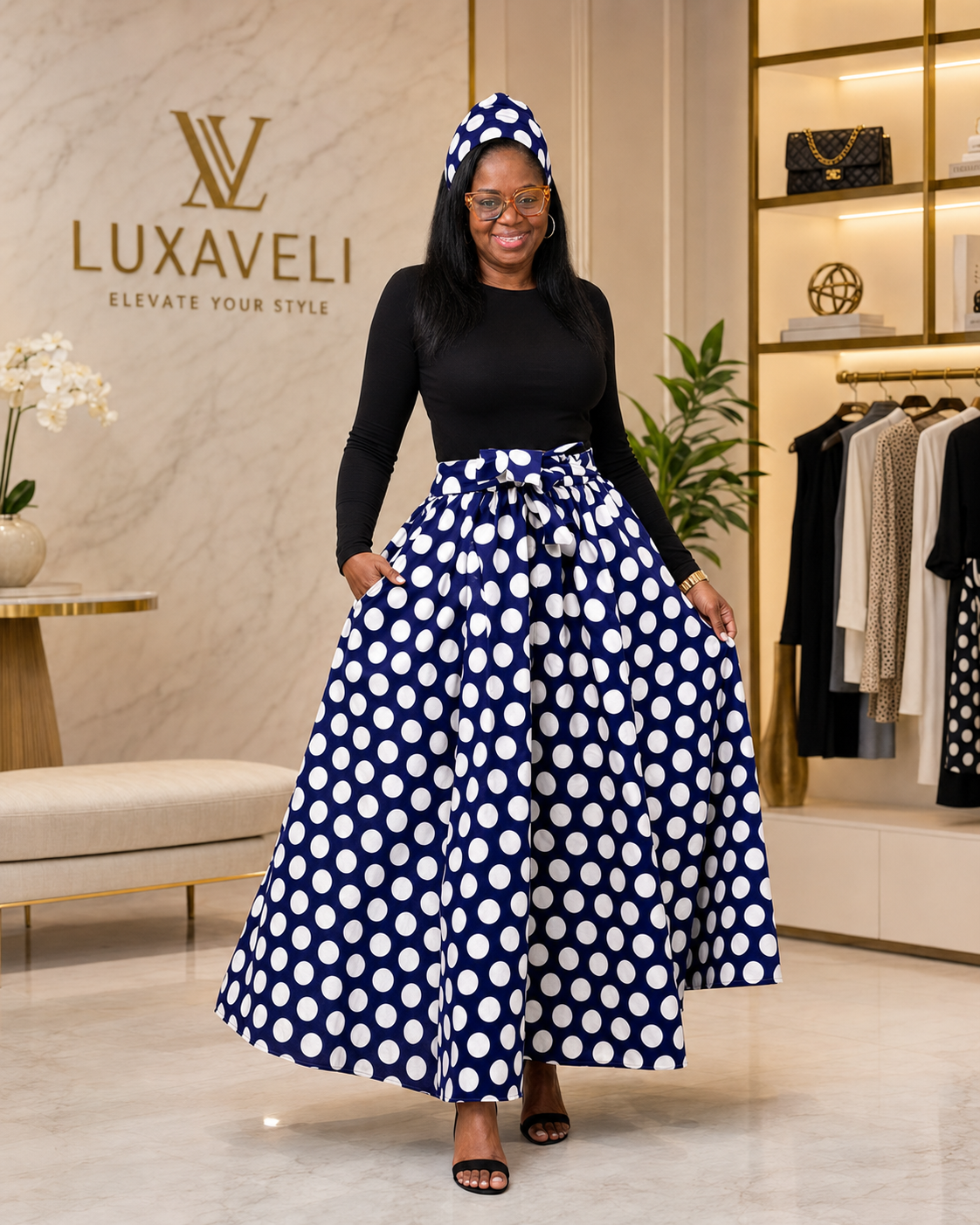 Polka Dot Maxi Skirt with Matching Headwrap - Image 5