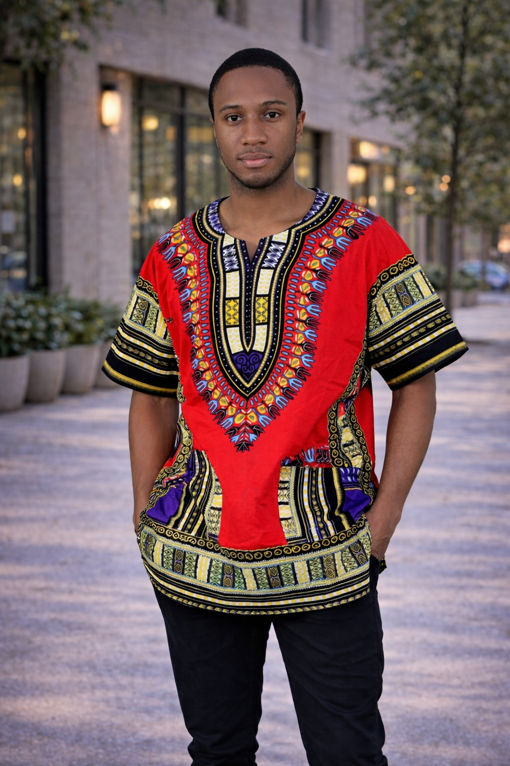 Red Unisex African Dashiki Shirt: Vibrant Cotton Print, Cultural Style - Image 3