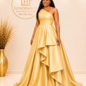 Royal Gold Pleated Tiered Evening Gown