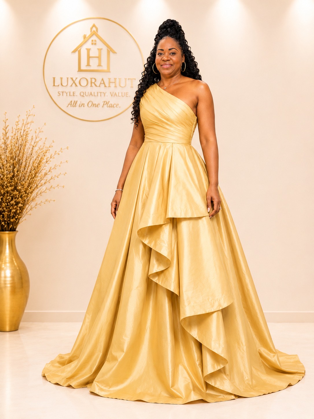 Royal Gold Pleated Tiered Evening Gown - Image 3