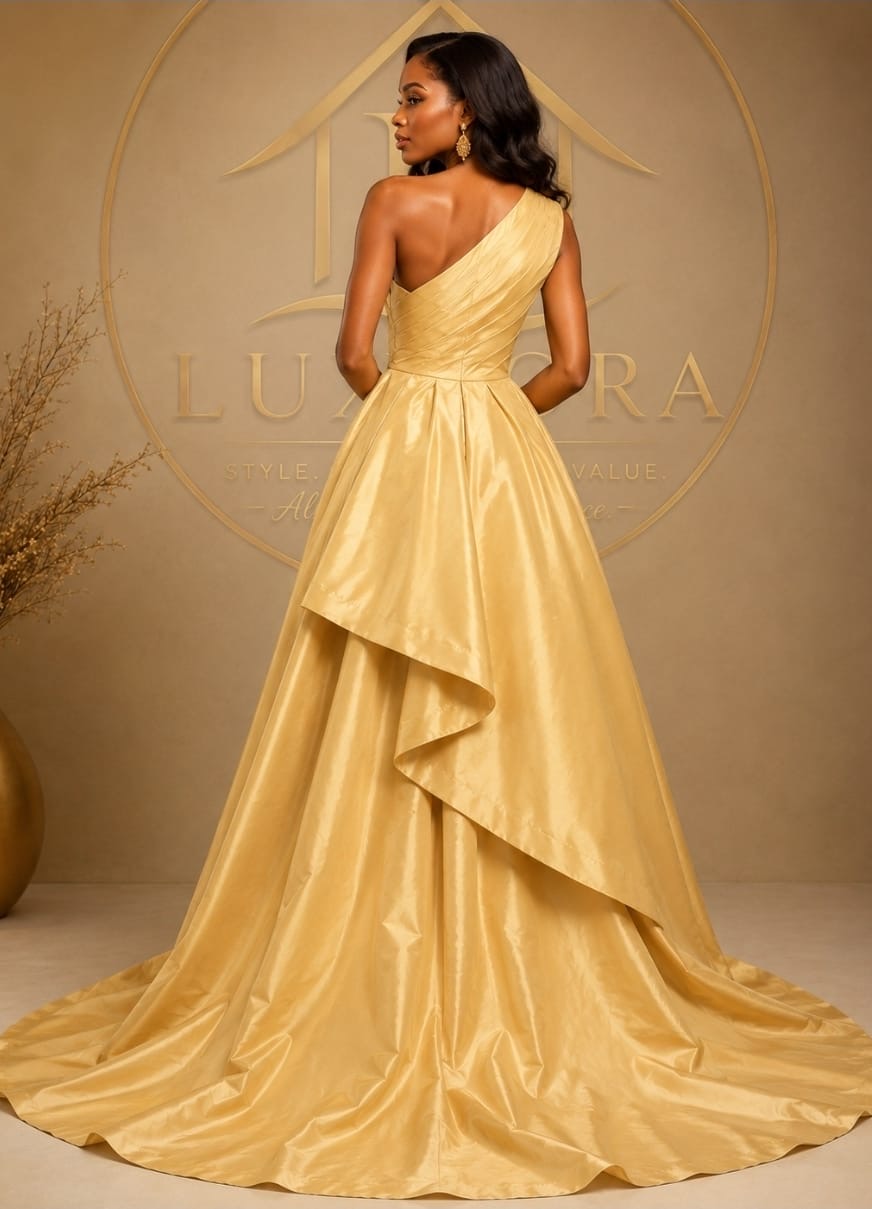 Royal Gold Pleated Tiered Evening Gown - Image 2