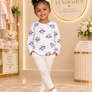 Charming Blue Cherry Motif Long-Sleeve Tee & Ribbed Leggings Set