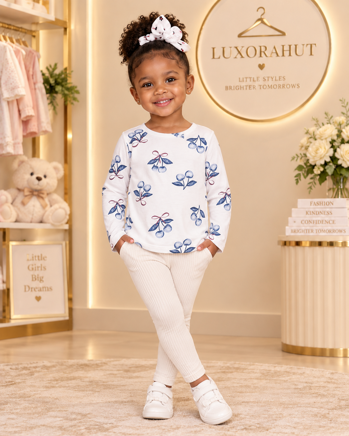 Charming Blue Cherry Motif Long-Sleeve Tee & Ribbed Leggings Set