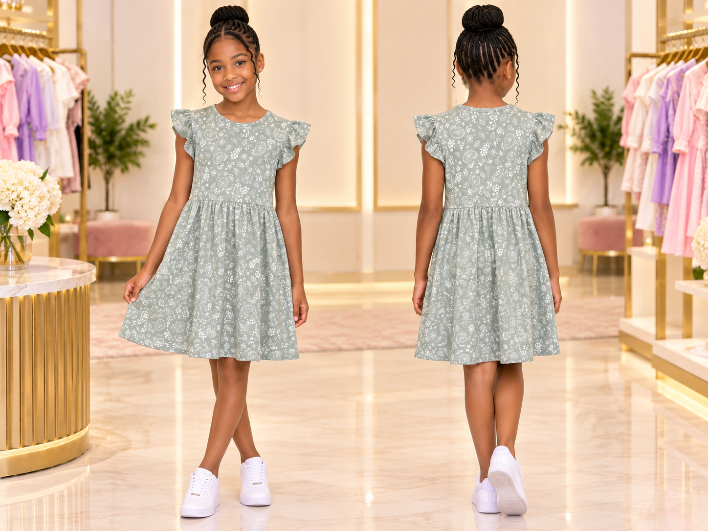 Girls' Floral Flutter-Sleeve Babydoll Dress