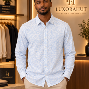 Men's Light Blue Floral Long-Sleeve Button-Down Shirt