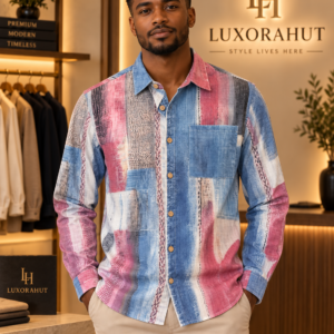 Men's Abstract Printed Patchwork Long-Sleeve Button-Down Shirt