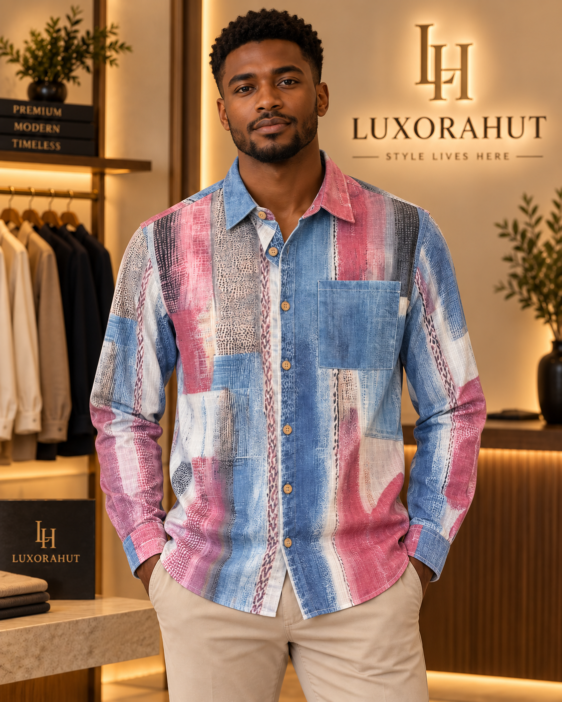 Men's Abstract Printed Patchwork Long-Sleeve Button-Down Shirt