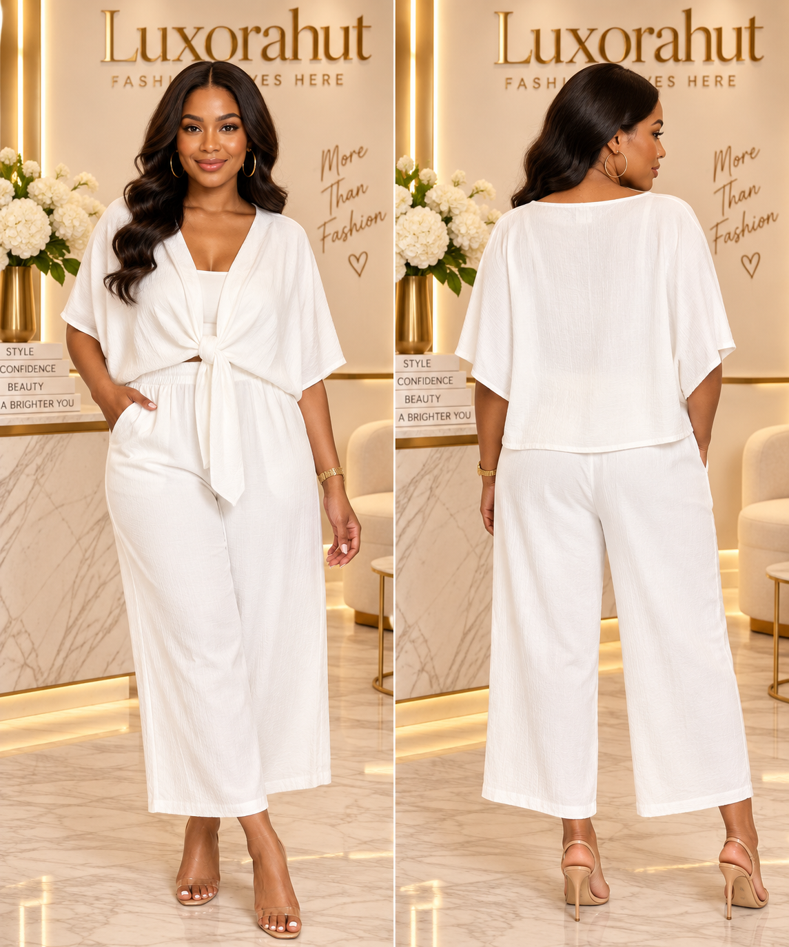 Chic Cream Tie-Front Kimono Sleeved Co-Ord Set