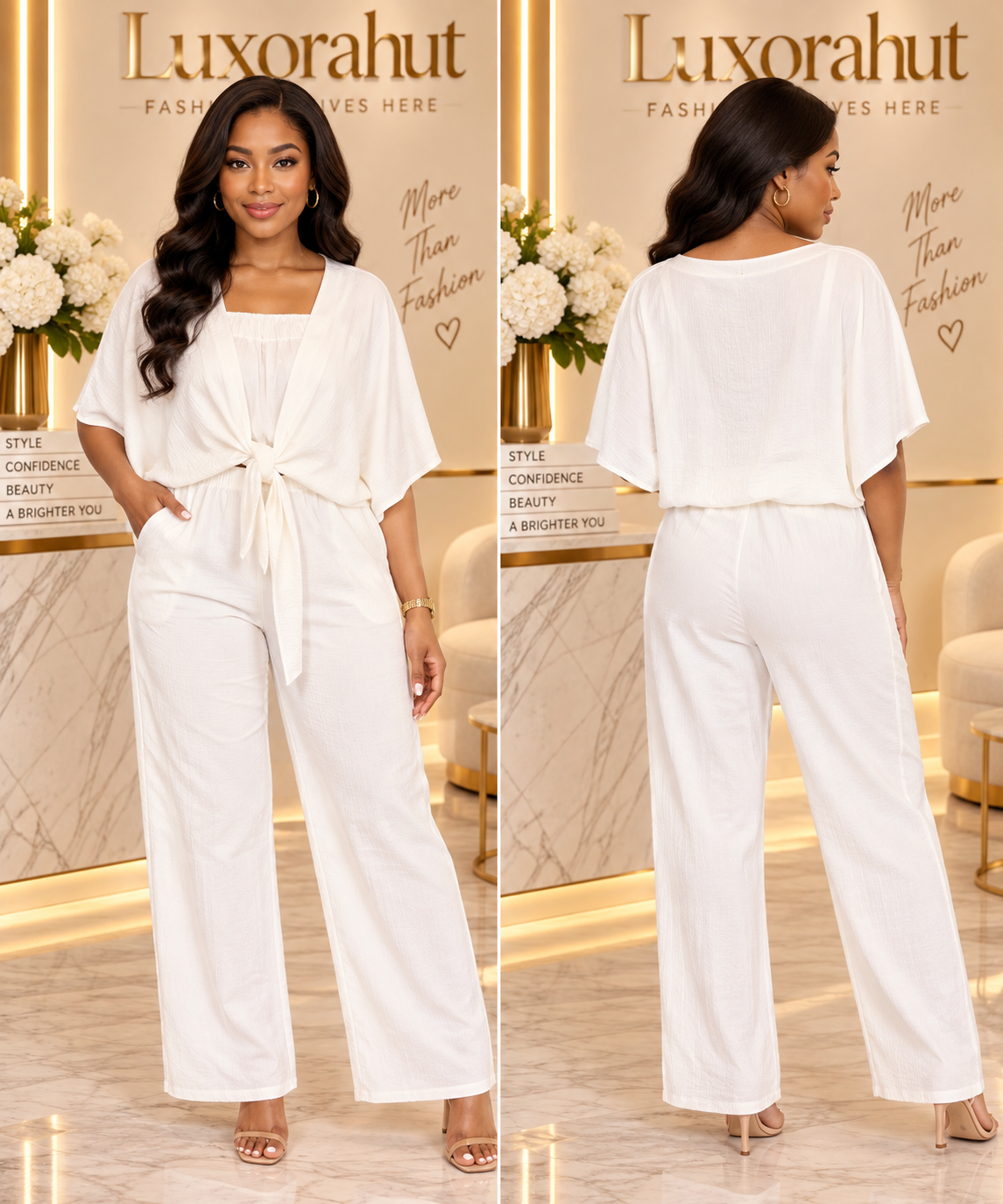 Chic Cream Tie-Front Kimono Sleeved Co-Ord Set - Image 2