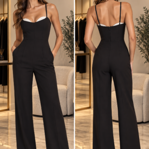 Black Contrast Fold-Over Bustier Wide-Leg Jumpsuit