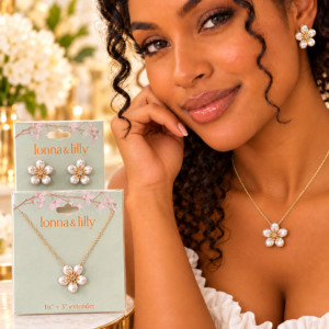 Elegant Gold-Tone Pearl Flower Jewelry Set – Necklace & Earrings