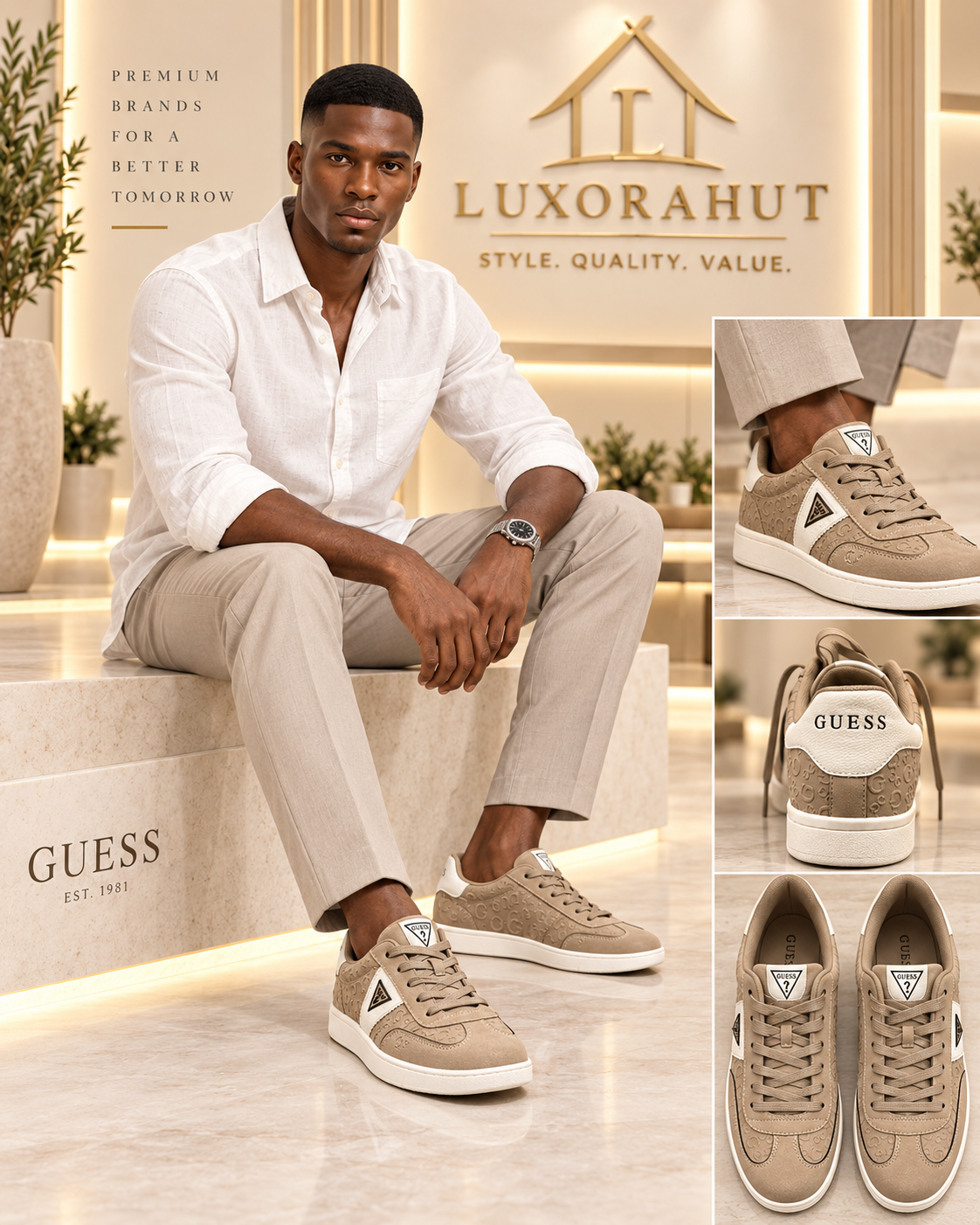 GUESS Men's Beige Suede Low-Top Logo Sneakers