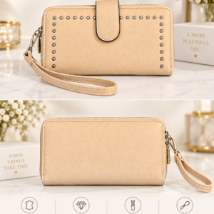 Edgy Tan Faux Leather Studded Continental Wristlet Wallet