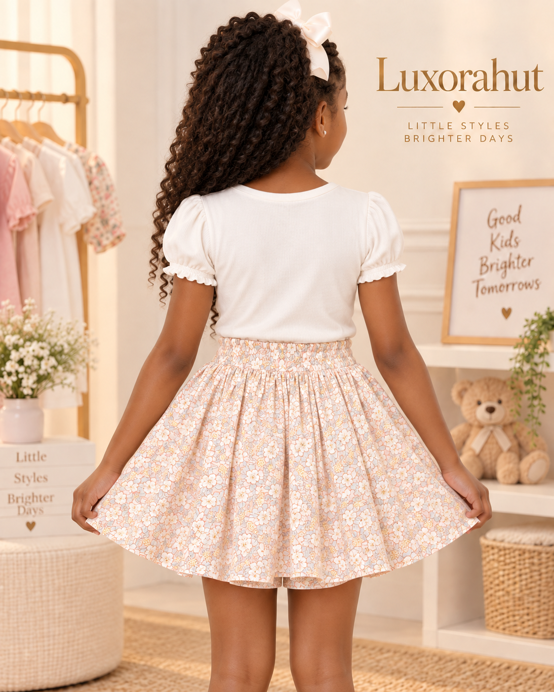 Girls' Floral Printed Skirt & White Puff-Sleeve Top Set – Includes Teddy Plush - Image 2
