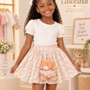 Girls' Floral Printed Skirt & White Puff-Sleeve Top Set – Includes Teddy Plush