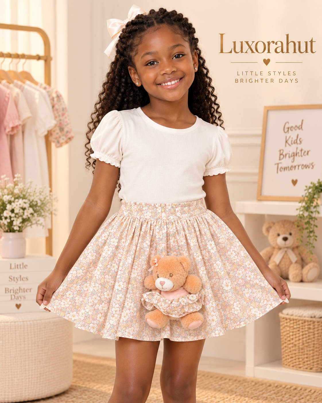 Girls' Floral Printed Skirt & White Puff-Sleeve Top Set – Includes Teddy Plush