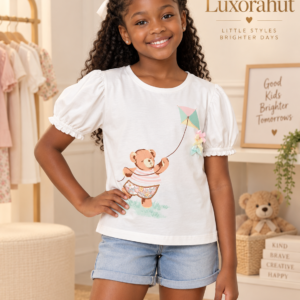 Girls' Teddy Bear Kite Graphic Puff-Sleeve T-Shirt