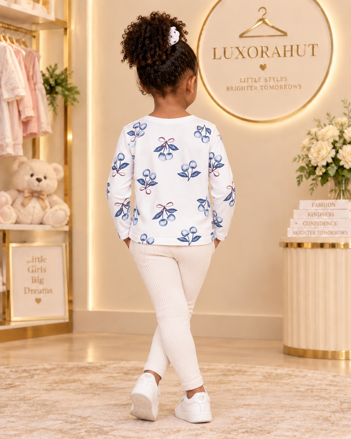 Charming Blue Cherry Motif Long-Sleeve Tee & Ribbed Leggings Set - Image 2