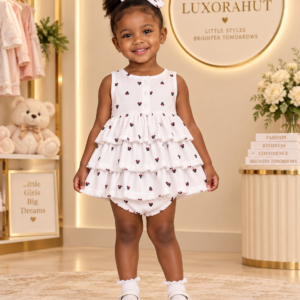 Girls' Mickey/Minnie Head Micro-Print Tiered Ruffle Dress & Bloomer Set